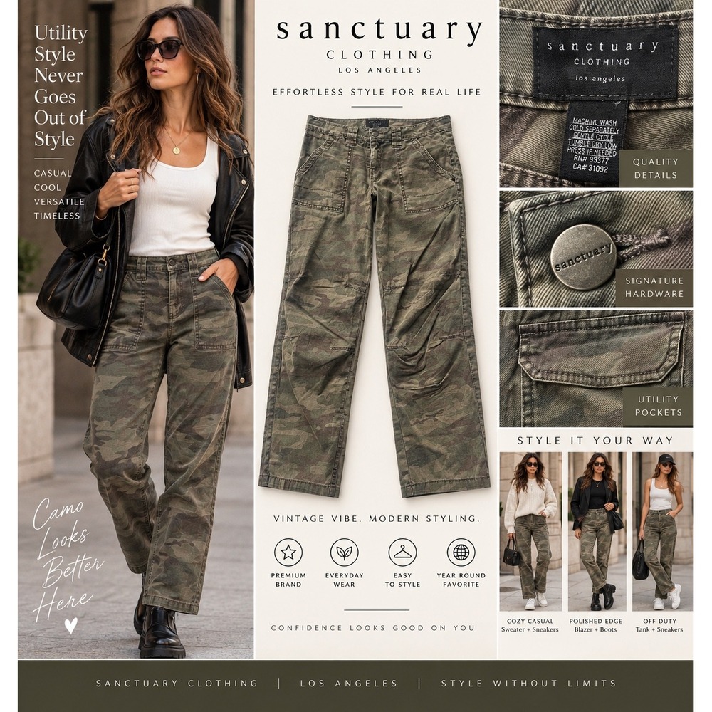 Sanctuary Camo Utility Pants Women 28 Olive Green Military Cargo Y2K Straight